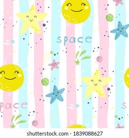 Seamless childish pattern with Cute cartoon moon, stars, comets and planet in the night sky. Good night vector pattern