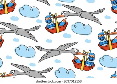 Seamless childish pattern with cute cartoon stork with baby in basket and clouds. Creative kids texture for fabric, wrapping, textile, wallpaper, apparel, baby shower. Vector illustration