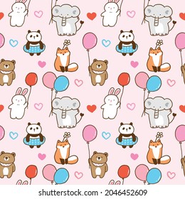 Seamless Childish Pattern of Cute Cartoon Animal with Balloon and Heart Design on Pink Background