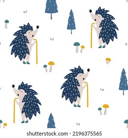 Seamless childish pattern with cute cartoon hedgehog in the forest
