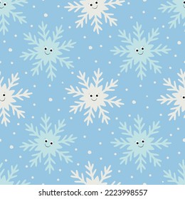Seamless childish pattern with cute cartoon snowflakes. Kids texture in pastel colors. Nursery winter print. 