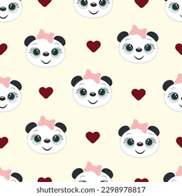 Seamless childish pattern with cute cartoon panda and red heart on yellow background.