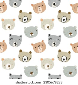 Seamless Childish Pattern with Cute Cartoon Bear Face Design on White Background