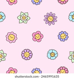 Seamless childish pattern with cute cartoon flowers in kawaii style.
Kids happy plants with smiling faces. Floral funny design. Nature background. Vector illustration