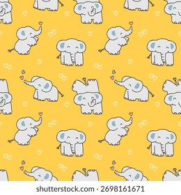Patrón infantil inconsútil del diseño lindo del elefante de la historieta en fondo amarillo. Ilustración vectorial dibujada a mano. No se genera IA.