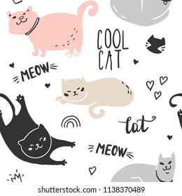 Seamless Childish Pattern With Cute Cat. Creative Nursery Background. Perfect For Kids Design, Fabric, Wrapping, Wallpaper, Textile, Apparel