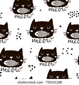Seamless childish pattern with cute cat face with fish in mouth. Creative nursery background. Perfect for kids design, fabric, wrapping, wallpaper, textile, apparel