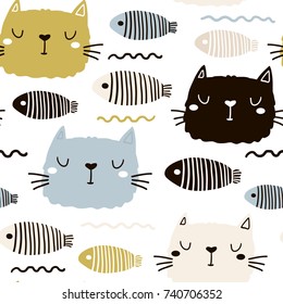 Seamless childish pattern with cute cat face and fish. Creative nursery background. Perfect for kids design, fabric, wrapping, wallpaper, textile, apparel