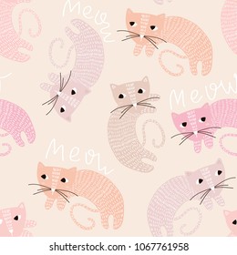 Seamless childish pattern with cute cats. Creative kids pink texture for fabric, wrapping, textile, wallpaper, apparel. Vector illustration