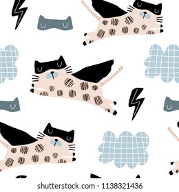 Seamless childish pattern with cute cats hero mask, flash, star,cloud. Creative kids texture for fabric, wrapping, textile, wallpaper, apparel. Vector illustration