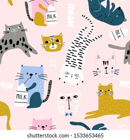 Seamless childish pattern with cute cats in different poses. Creative kids hand drawn texture for fabric, wrapping, textile, wallpaper, apparel. Vector illustration