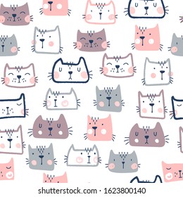 Seamless childish pattern with cute cats. Hand Drawn Vector Illustration