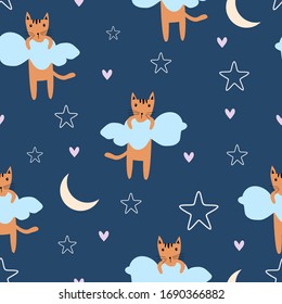 Patrón infantil impecable con gatos lindos, luna, estrella, amor y nubes. Fondo animal con nubes para niños. Perfecto para niños diseño, tela, envoltura, papel pintado, textiles, prendas de vestir