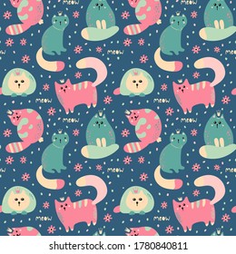 Seamless childish pattern with cute cats . Creative kids hand drawn texture for fabric, wrapping, textile, wallpaper, apparel. Vector illustration