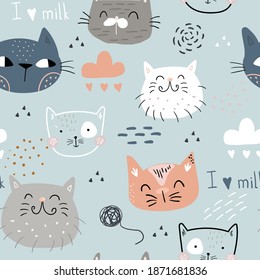 Seamless childish pattern with cute cats. Creative kids hand drawn texture for fabric, wrapping, textile, wallpaper, apparel. Vector illustration