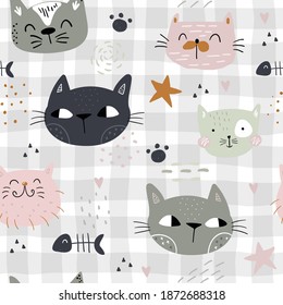 Patrón infantil sin foco con gatos lindos. Niños creativos textura dibujada a mano para tela, envoltura, textil, papel pintado, ropa. Ilustración del vector