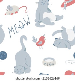 Seamless childish pattern with cute cats, mice, birds. Vector illustration