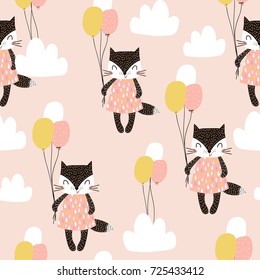 Seamless childish pattern with cute cats, air balloon, and clouds. Creative nursery background. Perfect for kids design, fabric, wrapping, wallpaper, textile, apparel