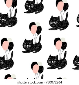 Seamless childish pattern with cute cats flying with balloon. Creative nursery background. Perfect for kids design, fabric, wrapping, wallpaper, textile, apparel