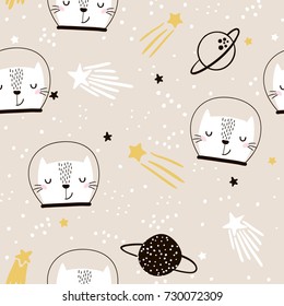 Seamless childish pattern with cute cats astronauts. Creative nursery background. Perfect for kids design, fabric, wrapping, wallpaper, textile, apparel