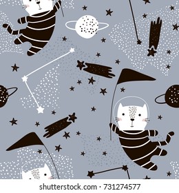 Seamless childish pattern with cute cats astronauts. Creative nursery background. Perfect for kids design, fabric, wrapping, wallpaper, textile, apparel