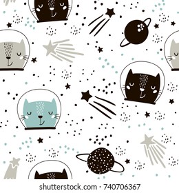 Seamless childish pattern with cute cats astronauts in helmets. Creative nursery background. Perfect for kids design, fabric, wrapping, wallpaper, textile, apparel