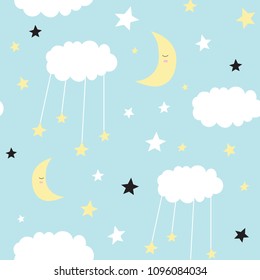 Seamless childish pattern with cute clouds, moon, stars. Creative scandinavian style kids texture for fabric, wrapping, textile, wallpaper, apparel. Vector illustration.