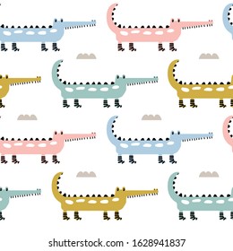 Seamless childish pattern with cute color crocodiles