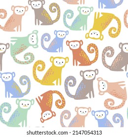 Seamless childish pattern with cute colourful monkey. Creative texture for fabric, wallpaper, textile. Vector illustration