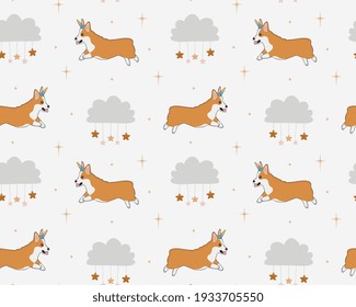 Seamless childish pattern with cute corgi dog with unicorn horn, clouds, stars. Baby texture for fabric, wrapping, textile, wallpaper, clothing. Vector illustration