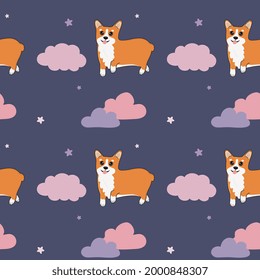 Seamless childish pattern with cute corgi, clouds, stars. Baby texture for fabric, wrapping, textile, wallpaper, clothing. Vector illustration