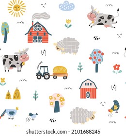 Seamless Childish Pattern With Cute Cow, Sheep, Farm House. Creative Kids Texture For Fabric, Wrapping, Textile, Wallpaper, Apparel. Vector Illustration