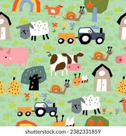 Seamless childish pattern with cute cow, sheep, farm house. Creative kids texture for fabric, wrapping, textile, wallpaper, apparel. Vector illustration