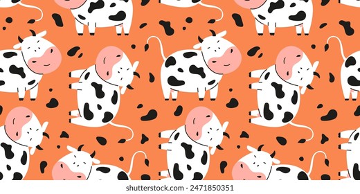 Seamless childish pattern with cute cow and spots