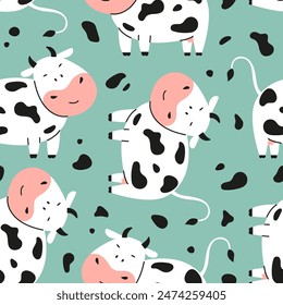 Seamless childish pattern with cute cow and spots