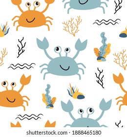 Seamless childish pattern with cute crab in cartoon scandinavian style