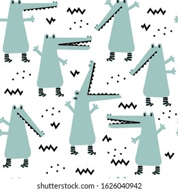 Seamless childish pattern with cute crocodiles. Vector Illustration