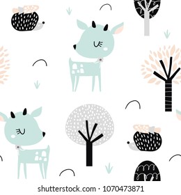Seamless childish pattern with cute deer, hedgehog in the wood. Creative kids city texture for fabric, wrapping, textile, wallpaper, apparel. Vector illustration