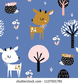 Seamless childish pattern with cute deer, hedgehog in the wood. Creative kids city texture for fabric, wrapping, textile, wallpaper, apparel. Vector illustration