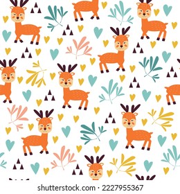 Seamless childish pattern with cute deer in the forest. Creative kids city texture for fabric, wrapping, textile, wallpaper, apparel. Vector illustration.