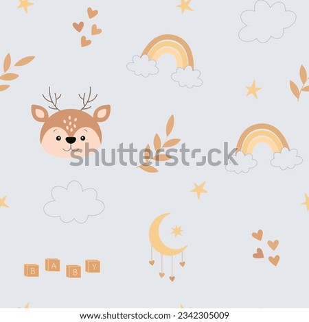 Seamless childish pattern with cute deer, rainbow, clouds, stars, hearts, leaves, moon and play cubes Baby. Creative kids texture for fabric, wrapping, textile, wallpaper, apparel. 