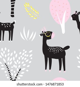 Seamless childish pattern with cute deers with sunglasses in the fairy wood. Creative kids texture (background) for fabric.