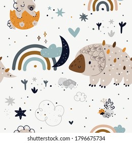 Seamless childish pattern with cute dinosaurs, rainbows, moons, stars. Creative kids texture for print, textile, wallpaper, apparel, fabric, wrapping. Children hand drawn background in doodle style. 