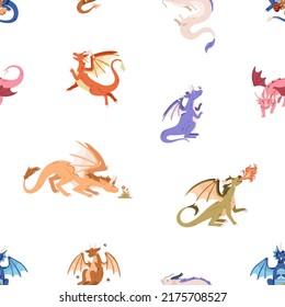 Seamless childish pattern with cute dragons. Kids background with funny fairy animals print. Repeating texture with fantasy baby characters. Endless backdrop design. Flat cartoon vector illustration