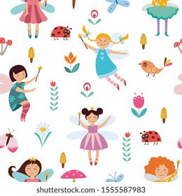 Seamless childish pattern with cute fairies or elves girls flying among flowers, butterflies and birds cartoon flat vector illustration on white background.
