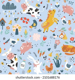 Seamless childish pattern with cute farm animals. Creative kids texture for fabric, wrapping, textile, wallpaper, apparel. Vector illustration