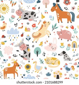 Seamless childish pattern with cute farm animals. Creative kids texture for fabric, wrapping, textile, wallpaper, apparel. Vector illustration