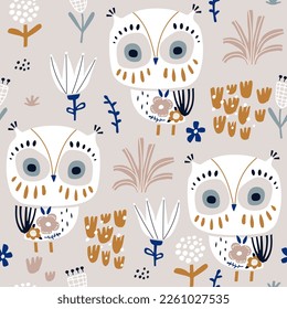 Seamless childish pattern with cute floral owls and plants. Vector texture great for fabric, textile, apparel.