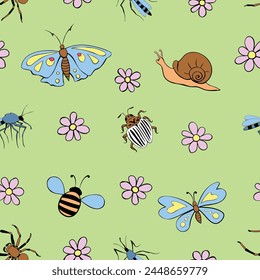 Seamless childish pattern with cute flowers, butterfly, snails, bugs. Insects on glade. Vector illustration. For textile, print, kids surface design