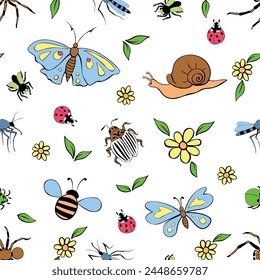 Seamless childish pattern with cute flowers, butterfly, snails, bugs. Insects on glade. Vector illustration. For textile, print, kids surface design